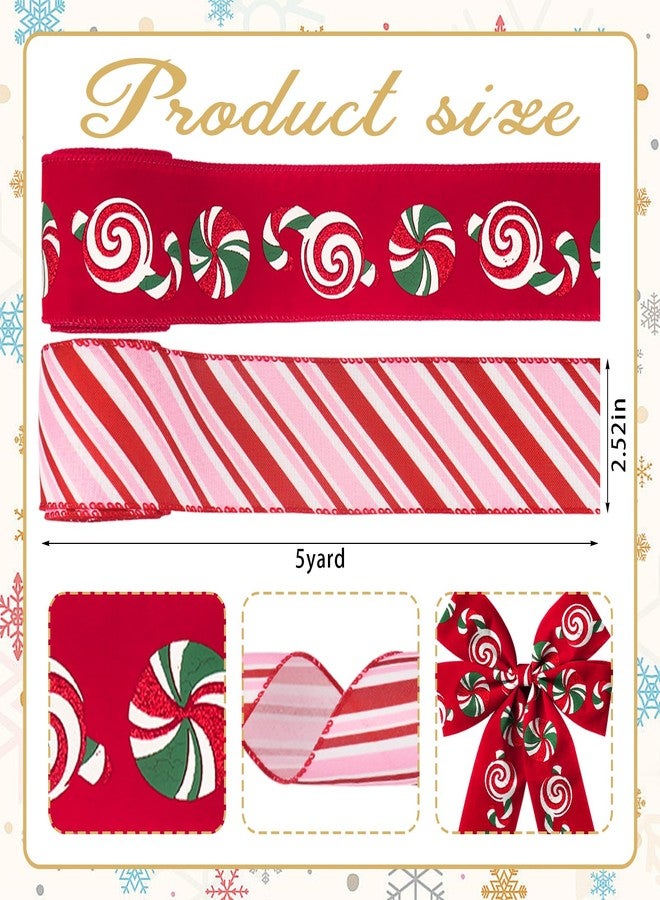 Glodecart 2 Rolls Christmas Ribbon for Wreath Bows Wrapping Gifts, Red Pink Candy Cane Ribbon for Gift Wrapping Party Supplies Decoration DIY Crafts 2.5" X 10 Yard Wired Winter Christmas Wreath Ribbon - Image 2